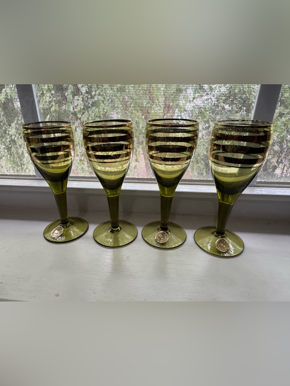 Vintage Romanian Hand-Blown Olive Green & Gold Sherry Glasses